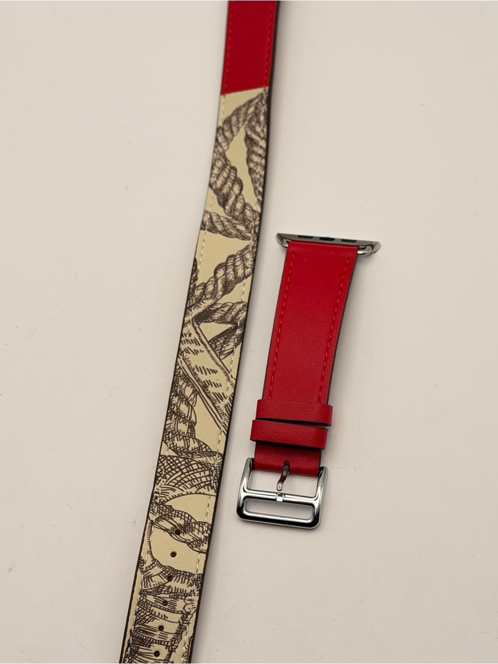 Apple Watch Long Leather Band, Red With Pattern,42/44/46mm